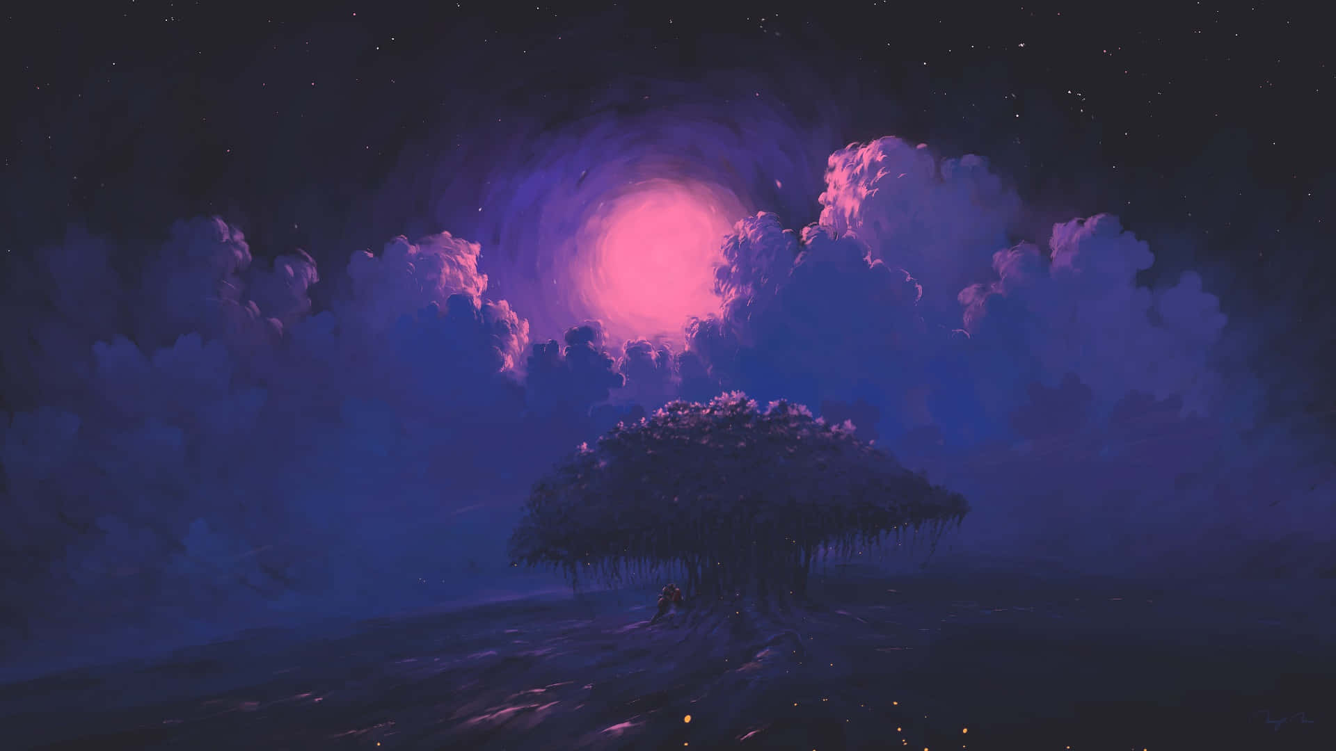 Pink Moon In Sky Painting Art Background