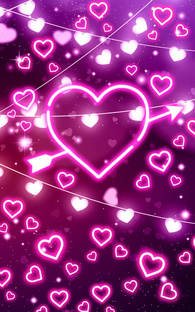 Pink Neon Heart With Arrow Background