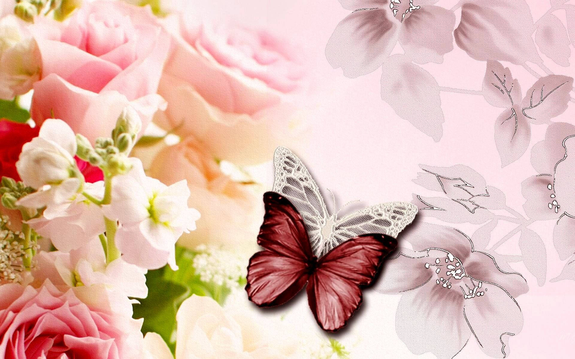 Pink Pansy And Maroon Butterfly Background