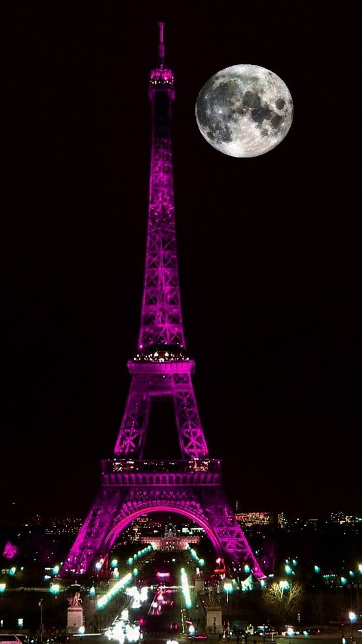 Pink Paris At Night With Moon Background