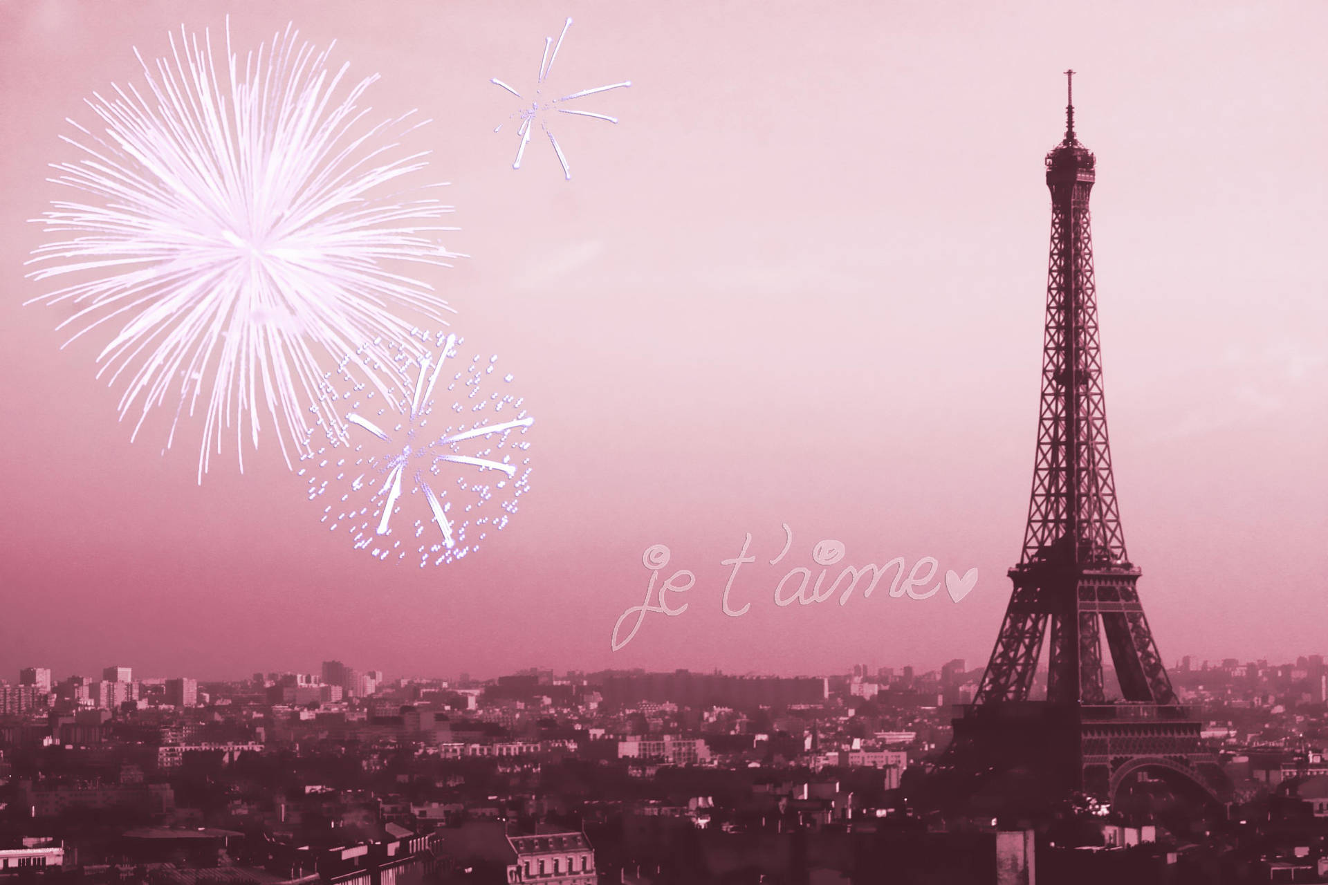 Pink Paris Eiffel Tower With Fireworks Background