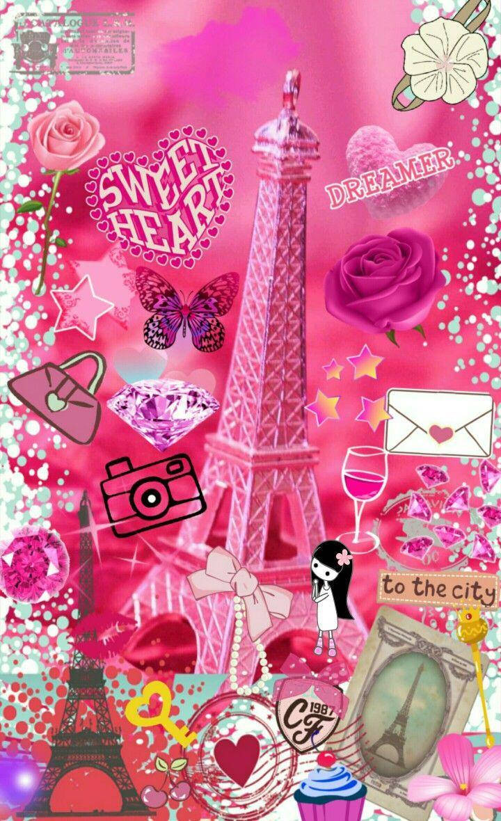 Pink Paris Stickers Collage Background