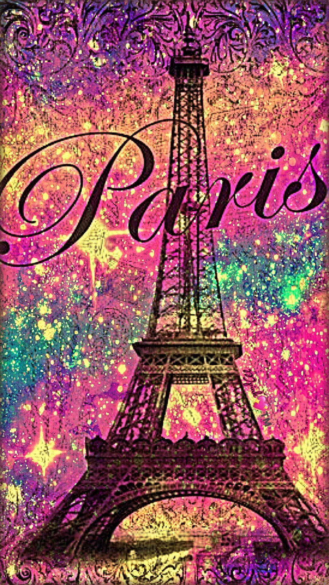 Pink Paris Tower With Multicolored Glitters Background