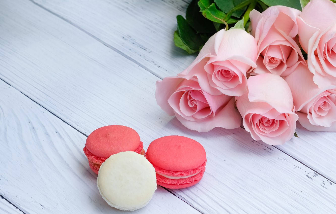 Pink Pastel Macaroons And Roses Background