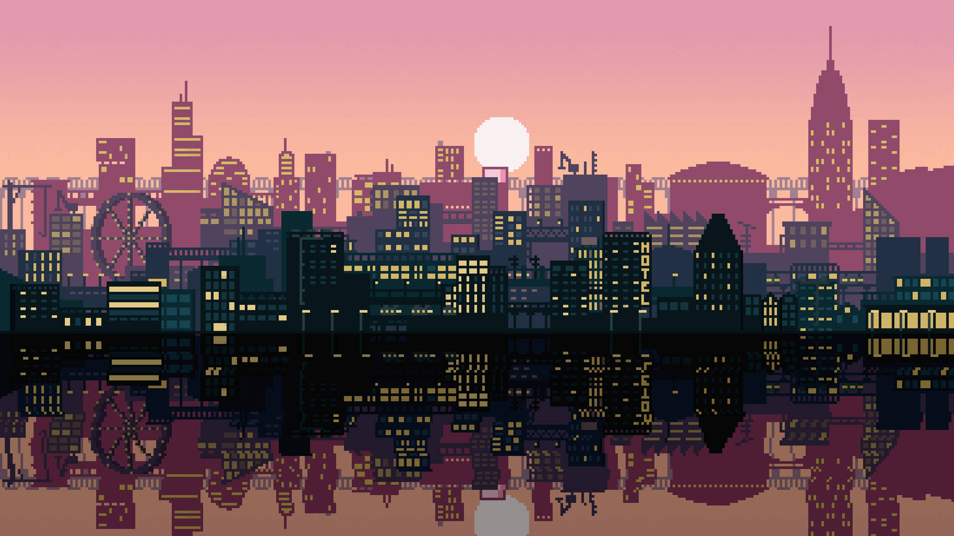 Pink Pixel Art City Background Background