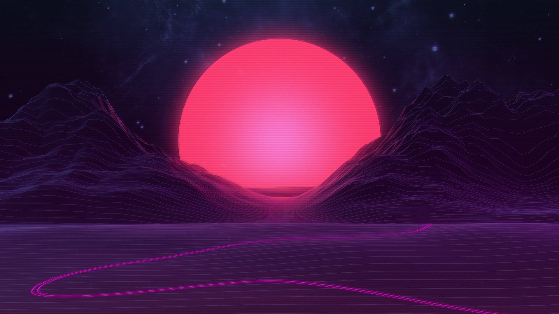 Pink Retrowave Sunset Mountain Background