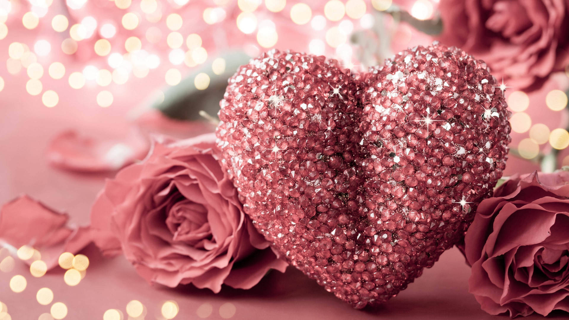 Pink Rose And Heart Gold Glitter Background