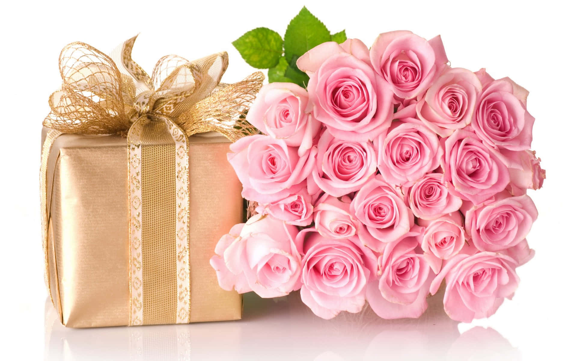 Pink Rose Bouquet With Golden Gift Box Background