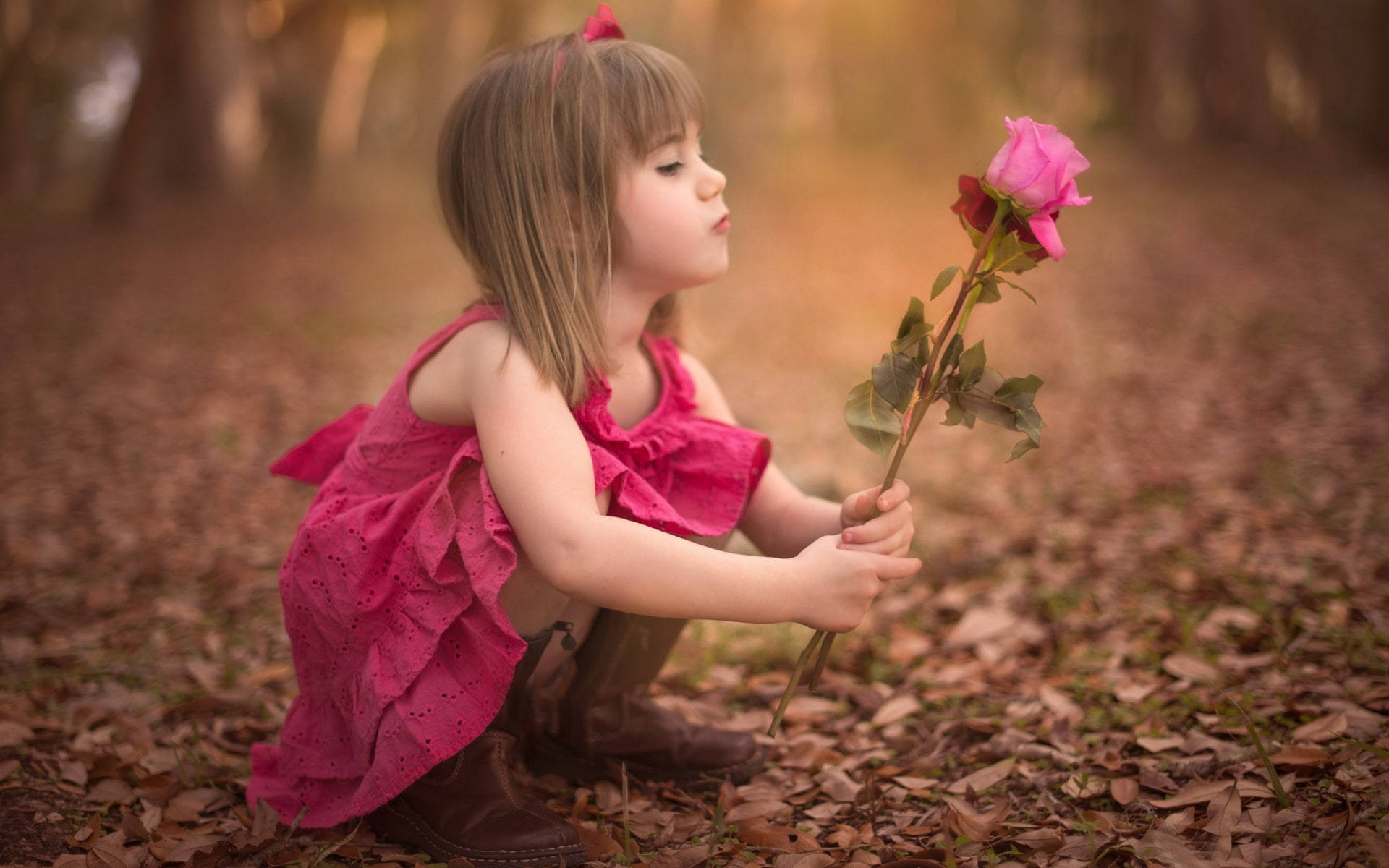 Pink Roses Held By A Little Girl Background