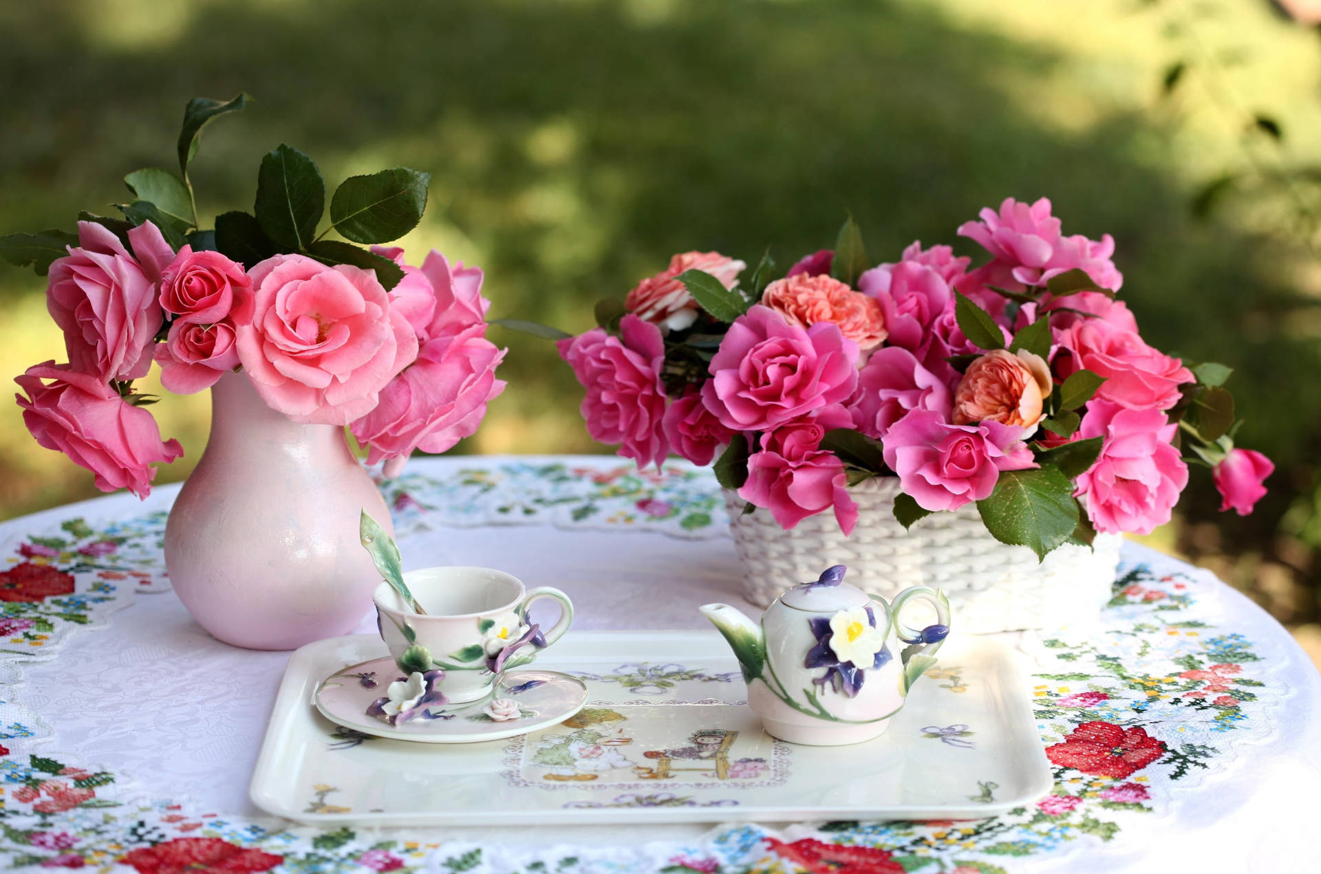 Pink Roses On A Tea Table