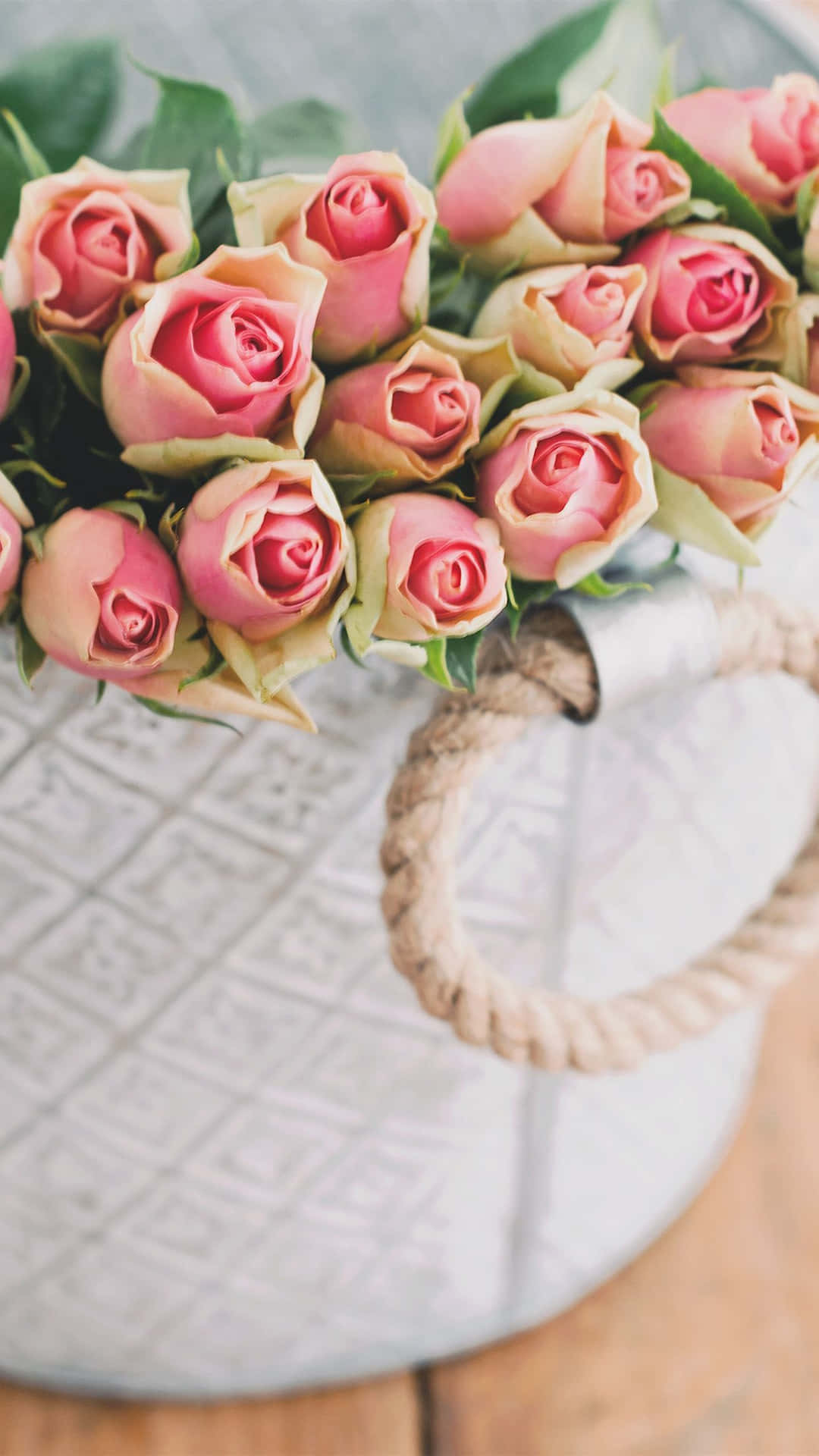 Pink Rosesin White Basket Background