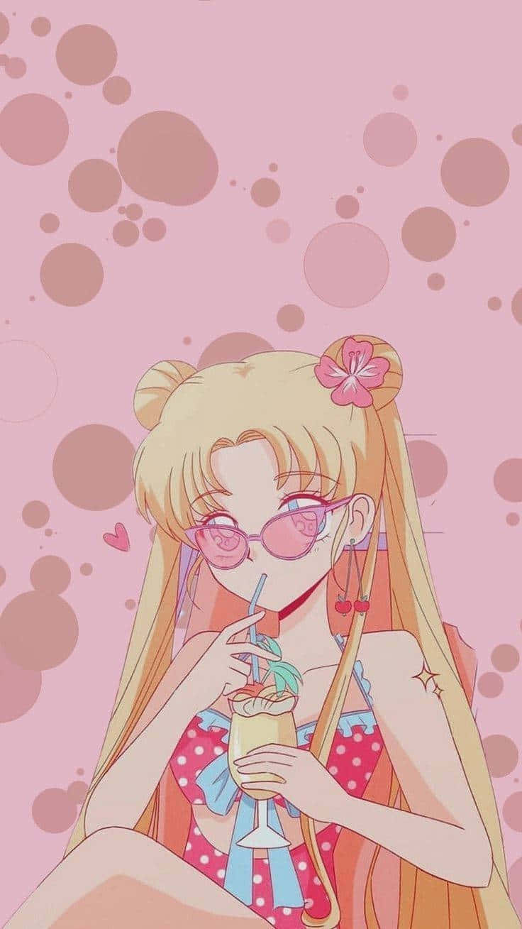 Pink Sailor Moon Sipping Drink Background