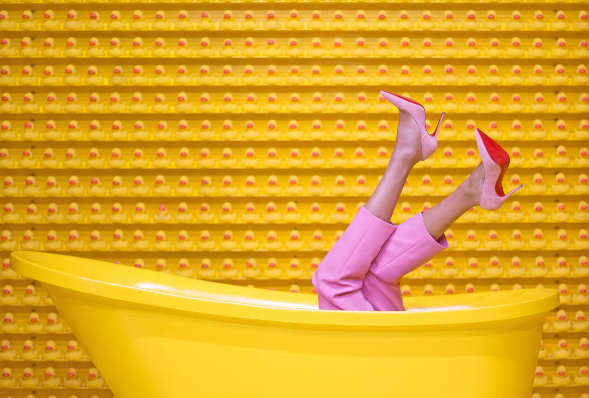 Pink Shoes Yellow Tub Background