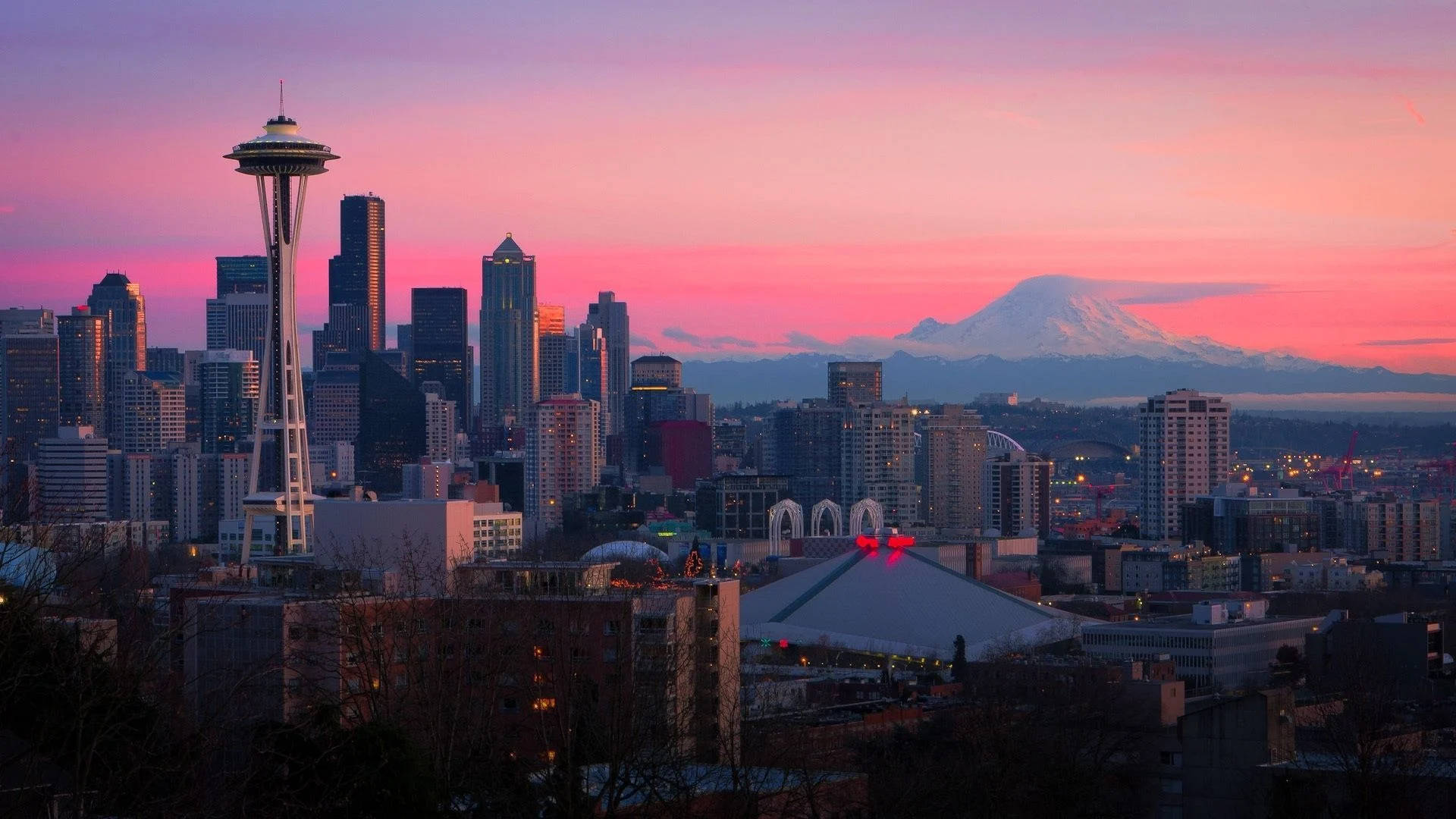 Pink Sky Seattle Skyline Background