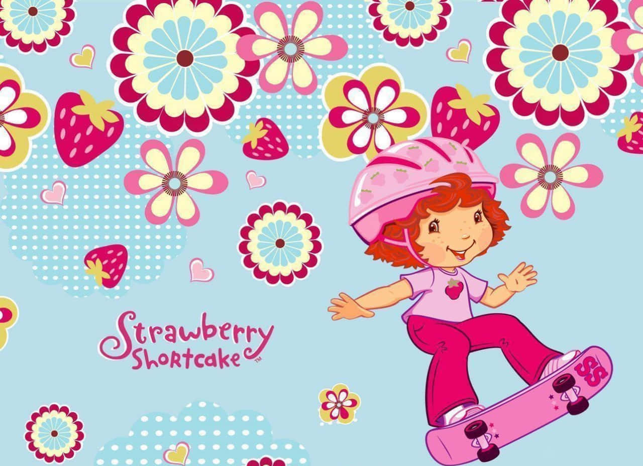 Pink Strawberry Shortcake Skateboarding With Flowers Background