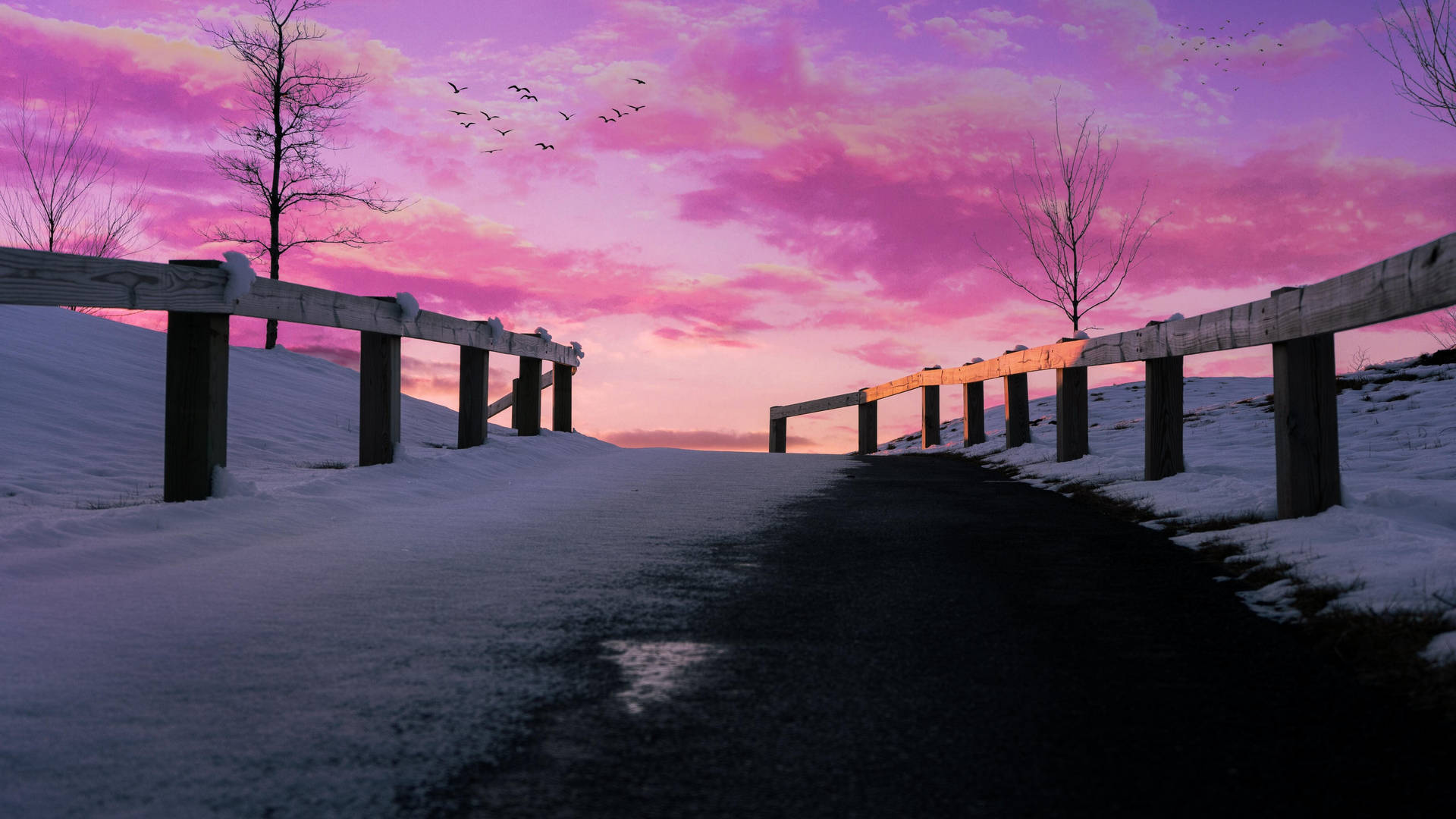 Pink Sunset Over Winter Trail Imac 4k Background