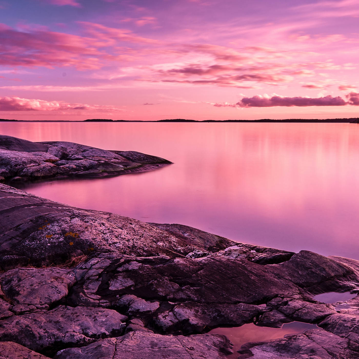 Pink Sunset Rocky Shore Background