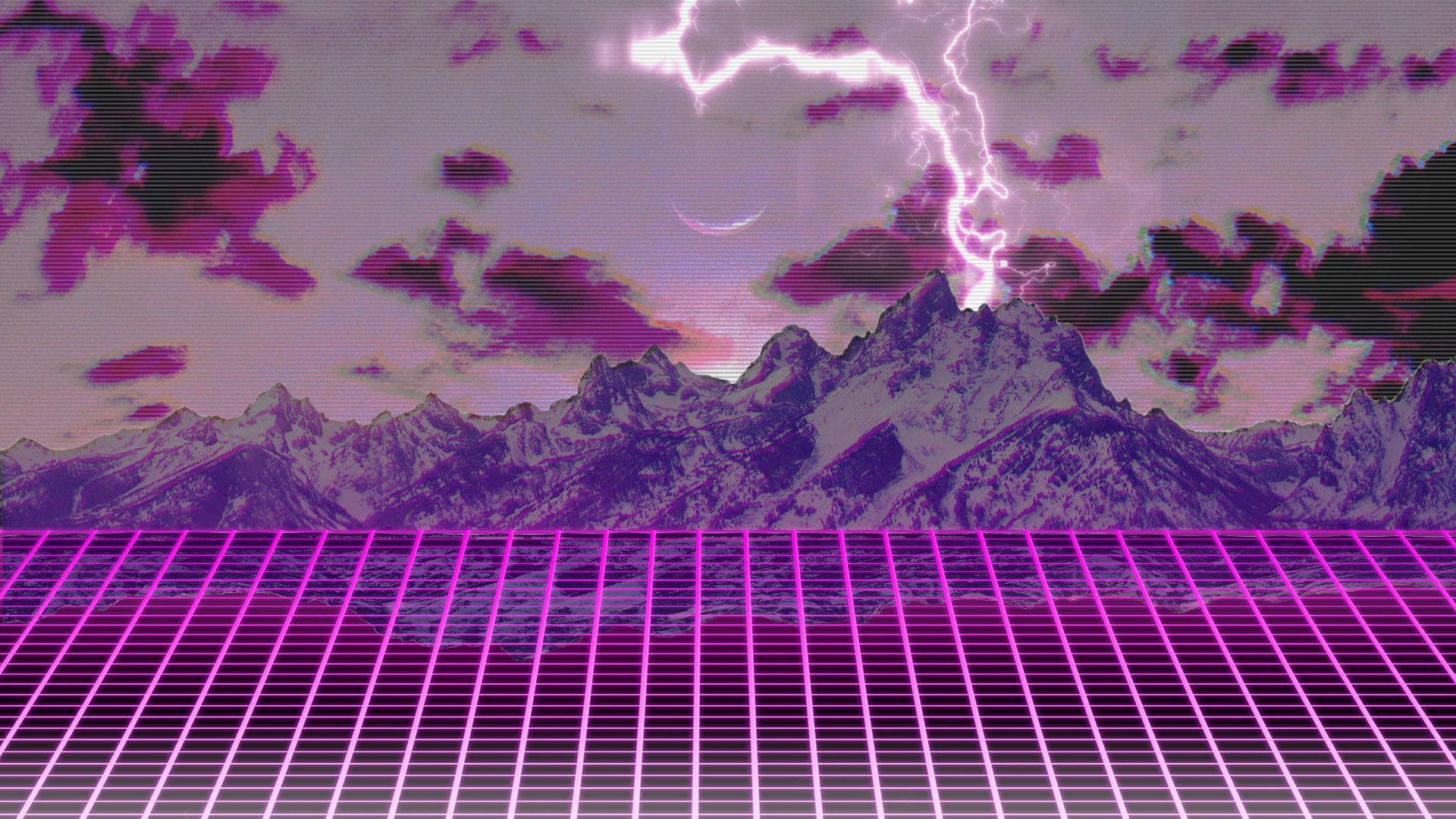 Pink Synthwave Mountain Lightning Background