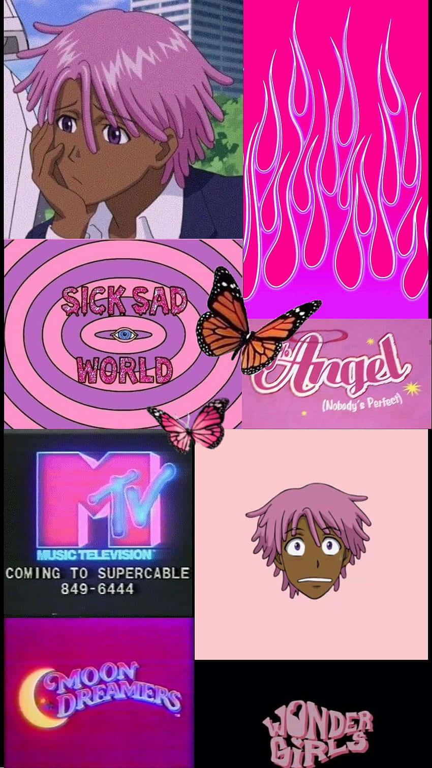 Pink Themed 90s Anime Aesthetic Collage Background