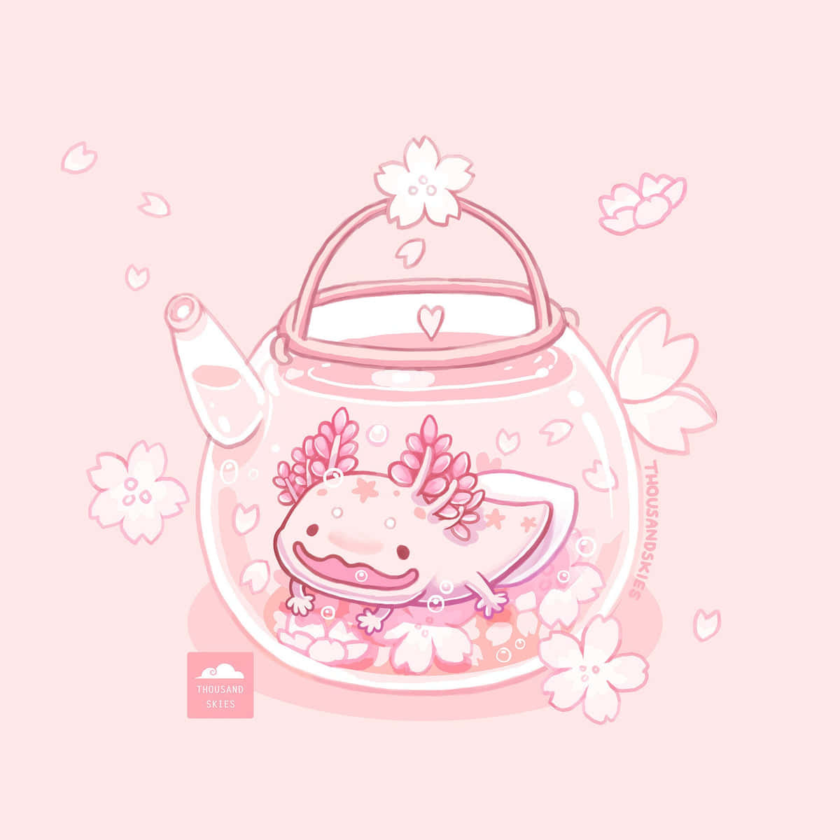 Pink Themed Cute Axolotl In A Kettle Background