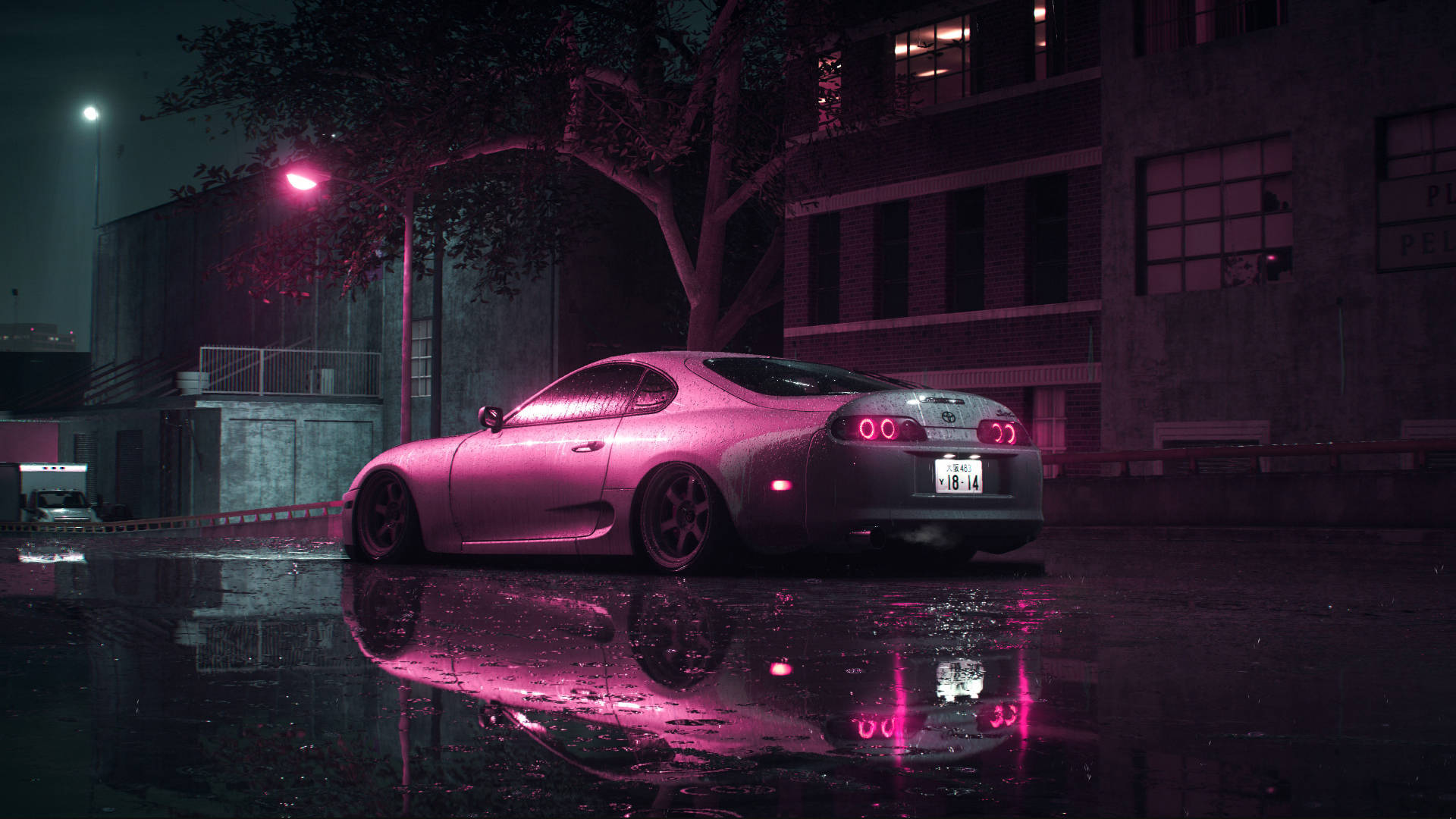 Pink Toyota Supra At Rainy Night