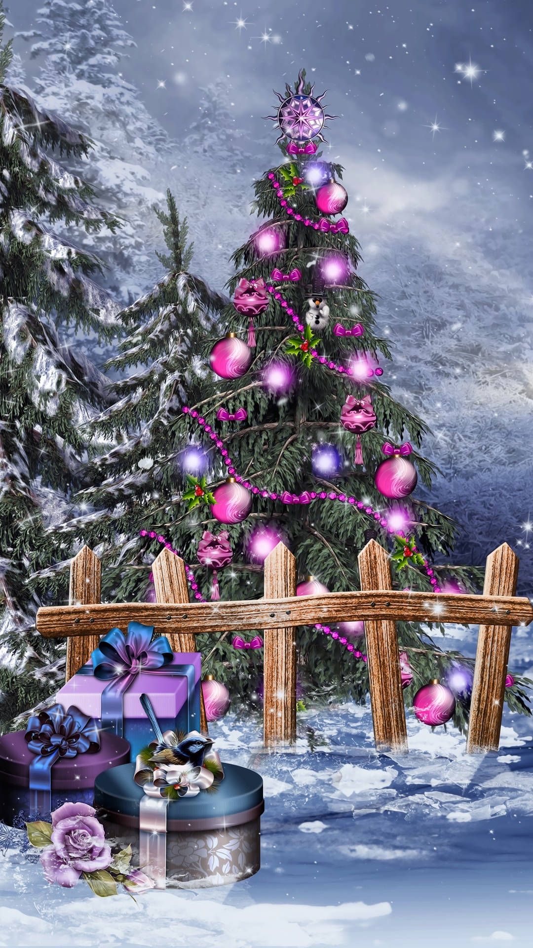 Pink Tree In Christmas Forest Background