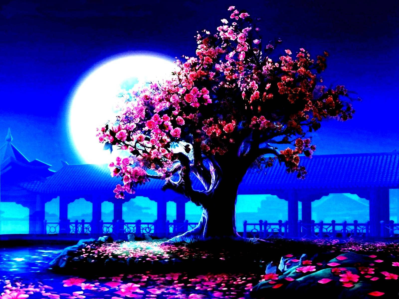 Pink Tree In The Moonlight Background