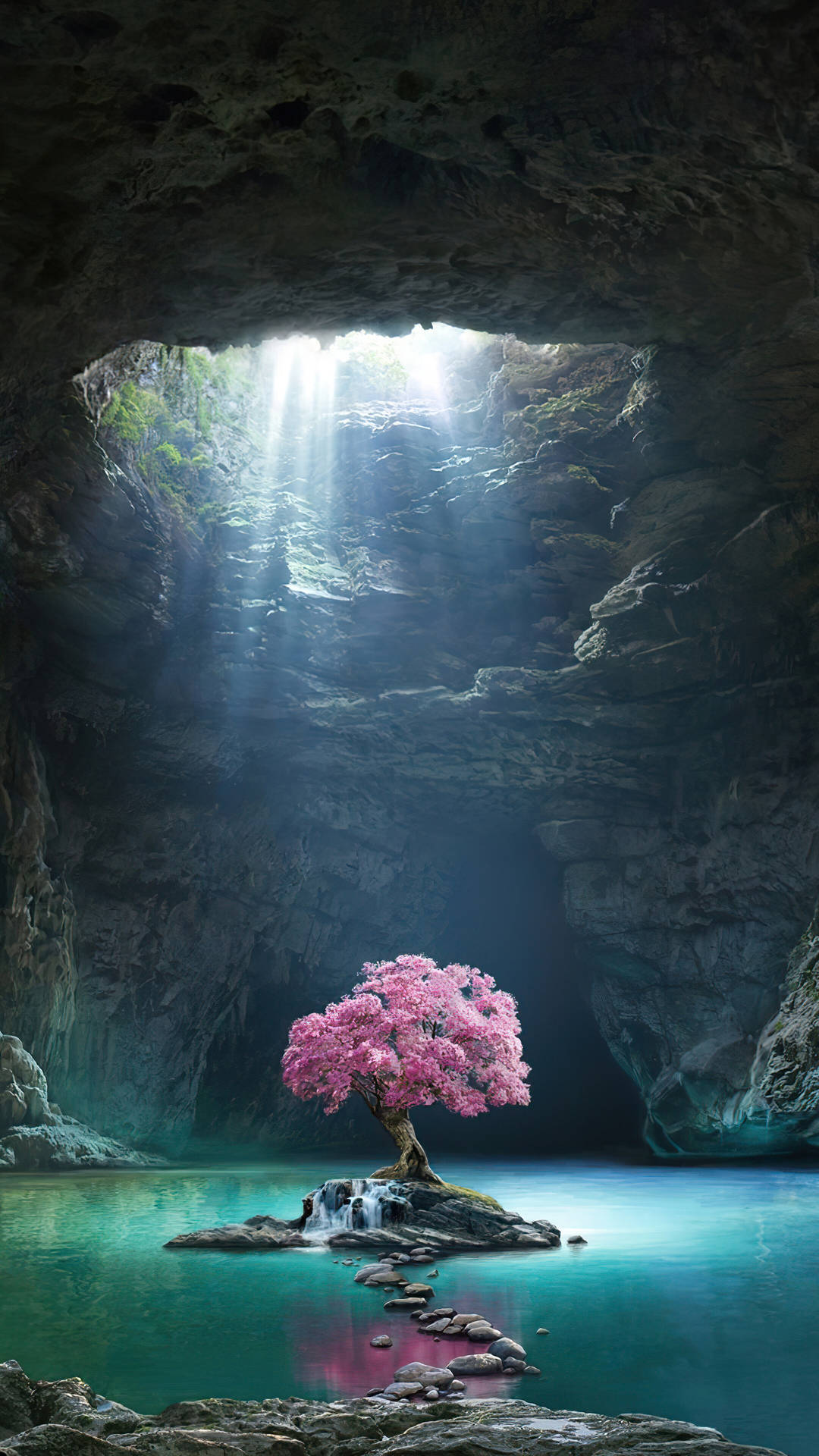 Pink Tree In Underground Cave Background