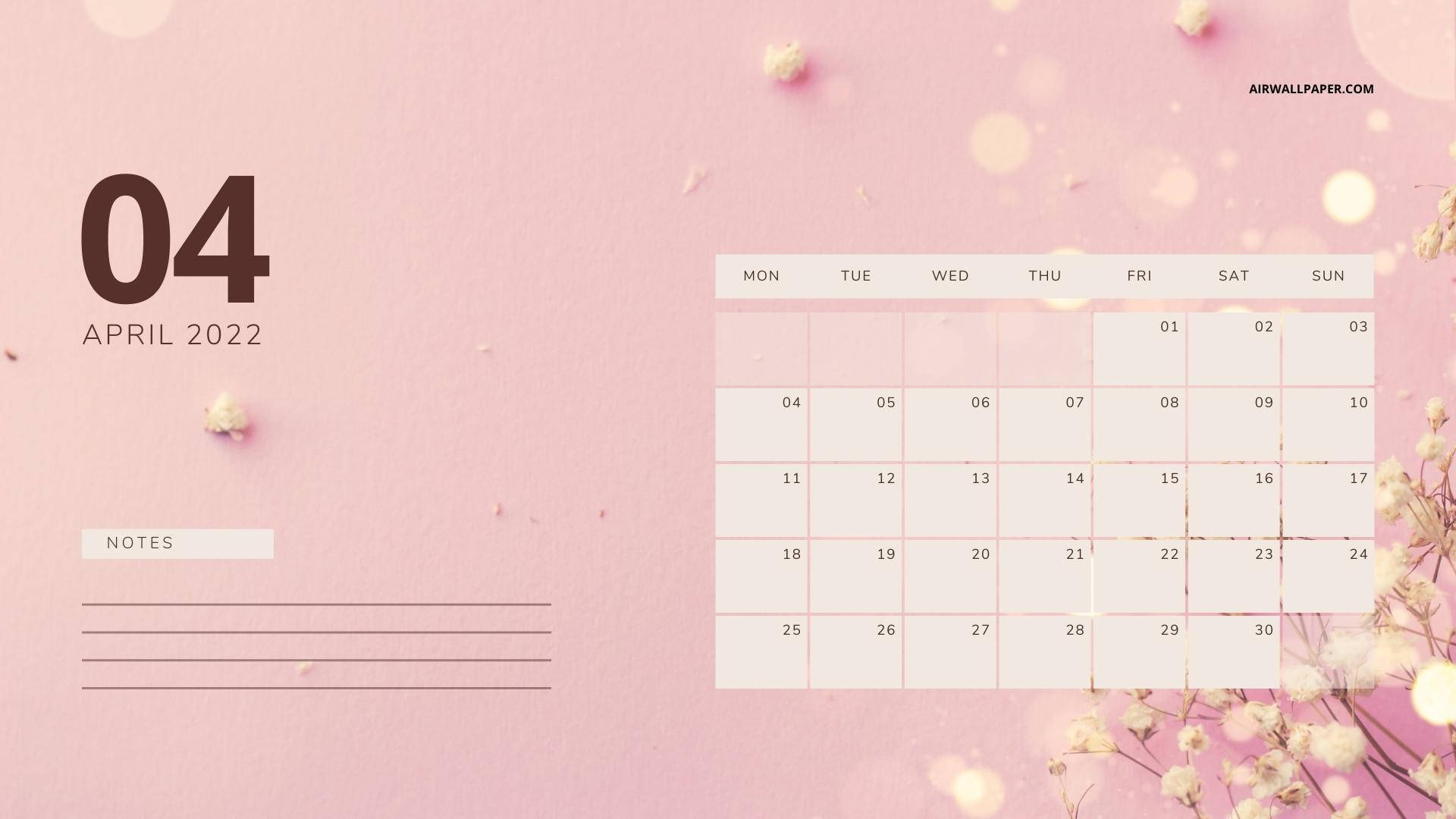 Pink With Notes April 2022 Calendar