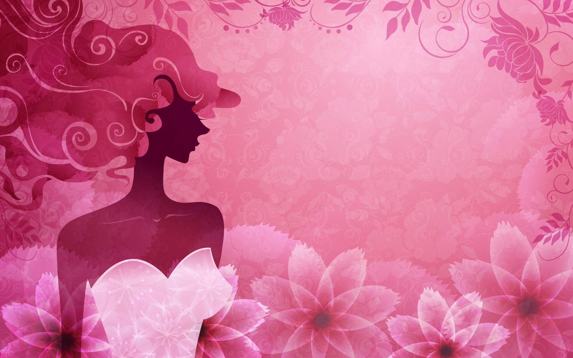 Pink Woman And Flowers On Wall Digital Art Background