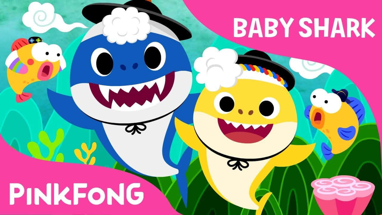 Pinkfong Baby Shark And Dady Shark With Hats Background