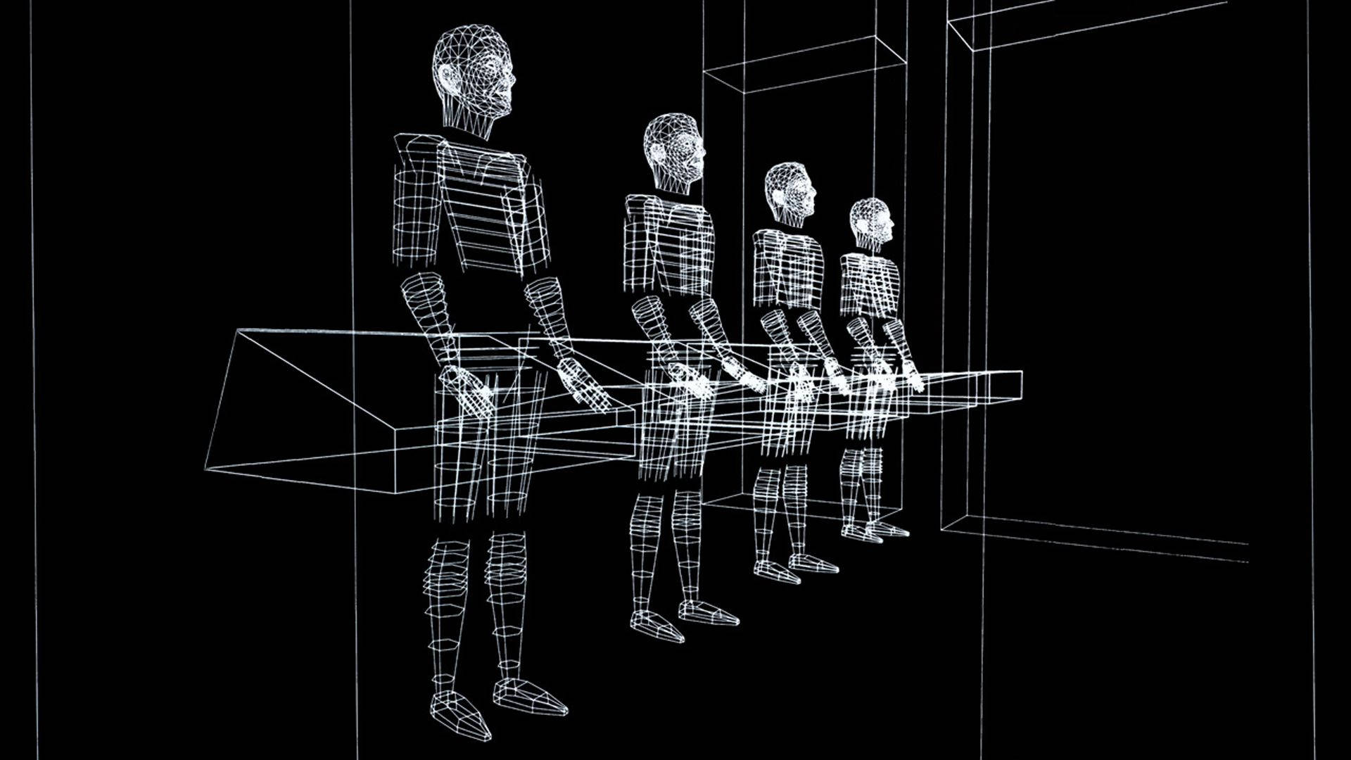 Pioneering Techno Musicians Kraftwerk Performing With Futuristic Hologram Effects Background