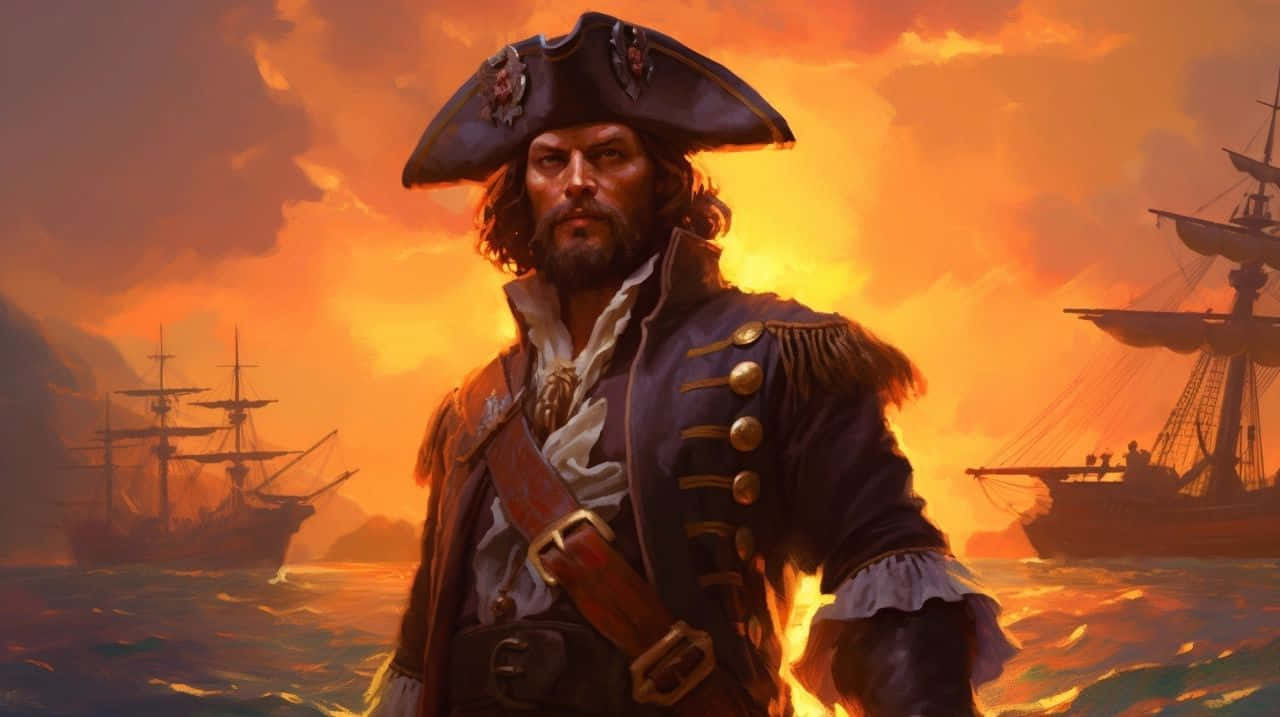 Pirate Captain Sunset Sea Background