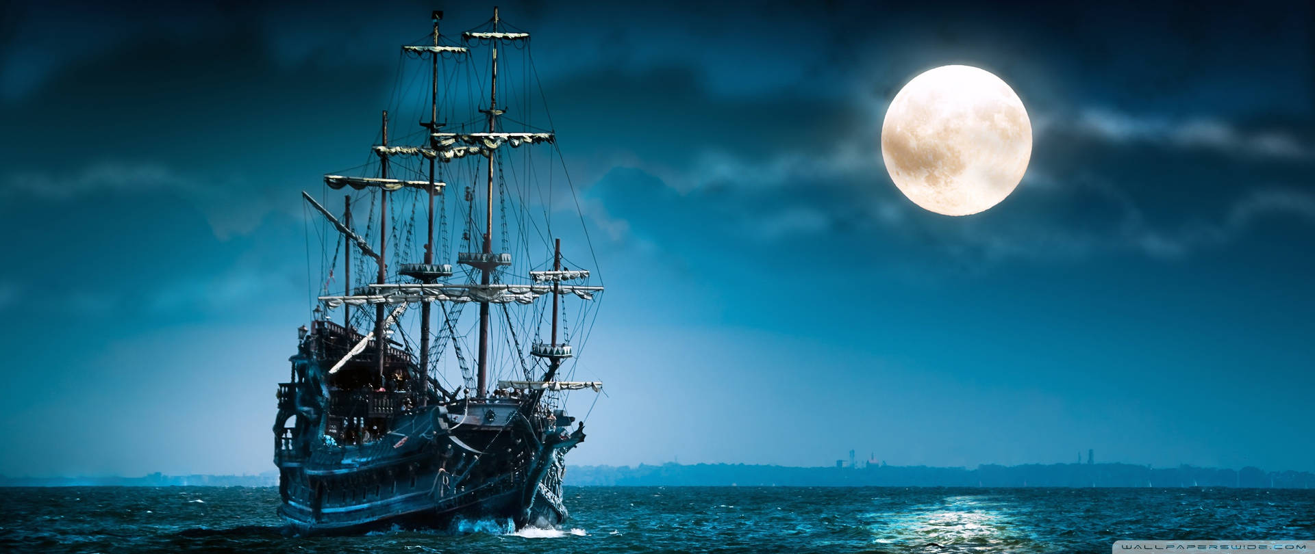 Pirate Ship Bright Moon Widescreen Background