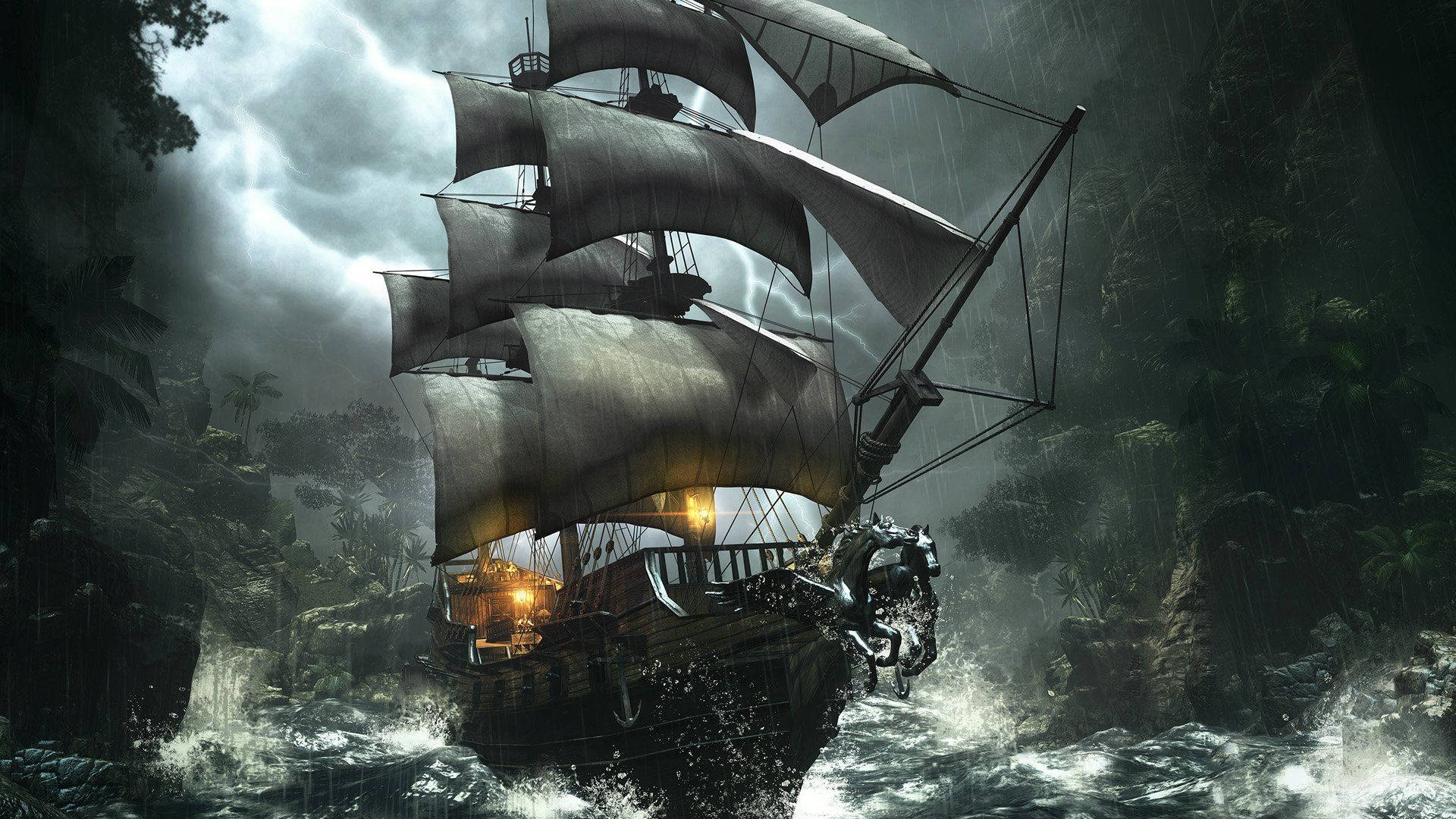 Pirate Ship In Storm Background