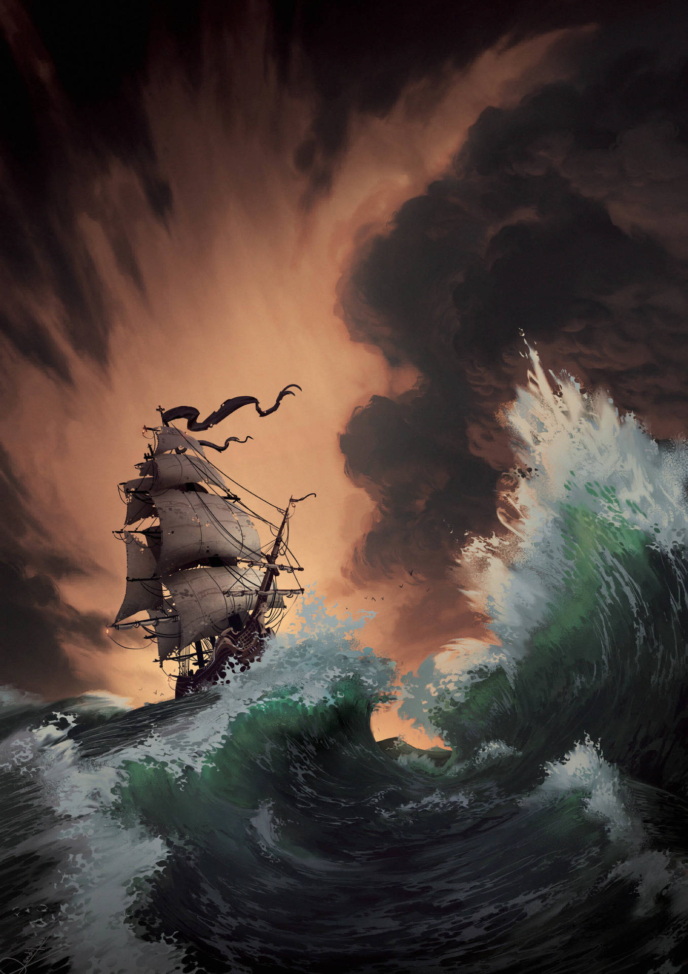 Pirate Ship In Storm Background