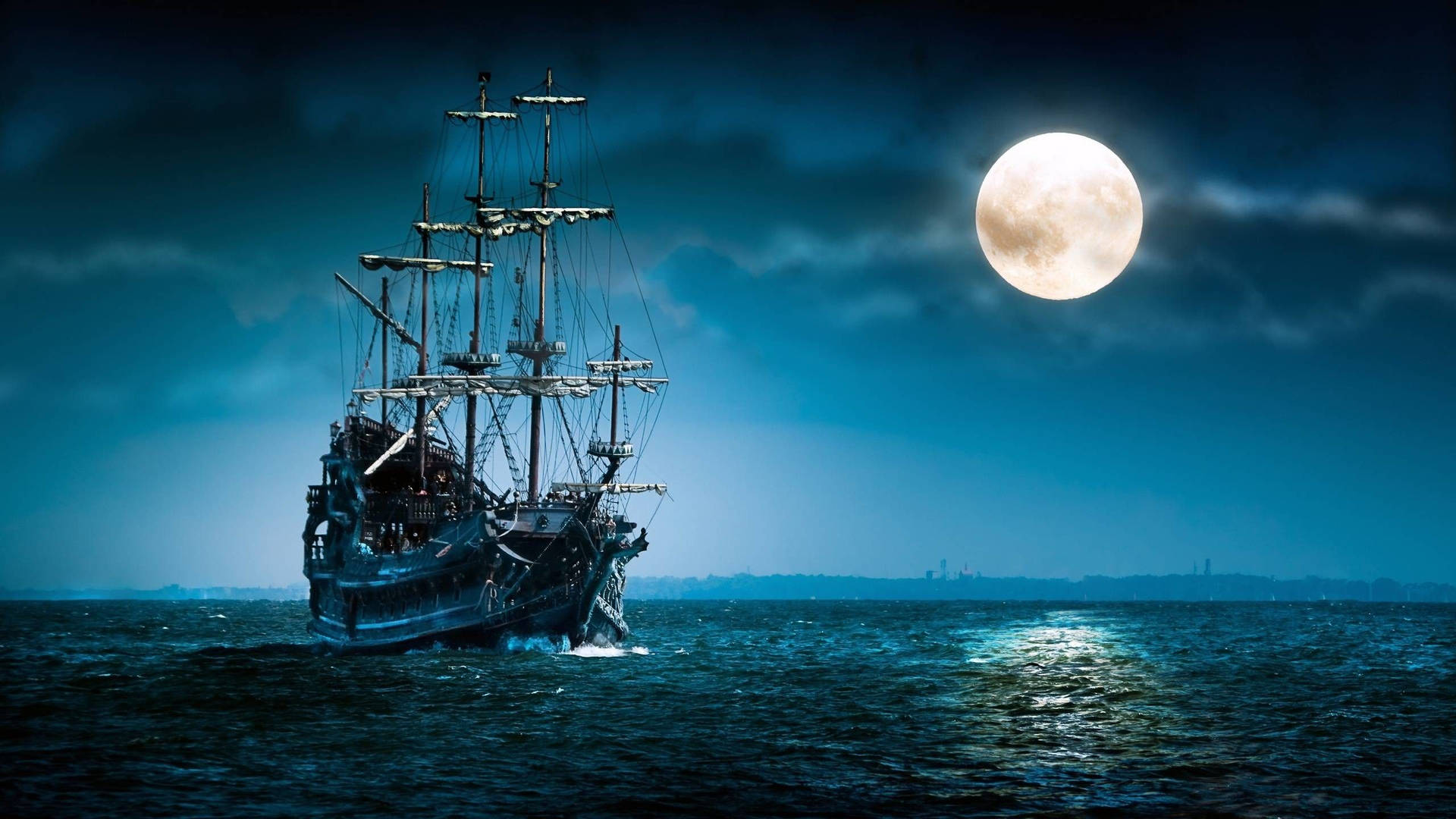 Pirate Ship In The Dark Night Background