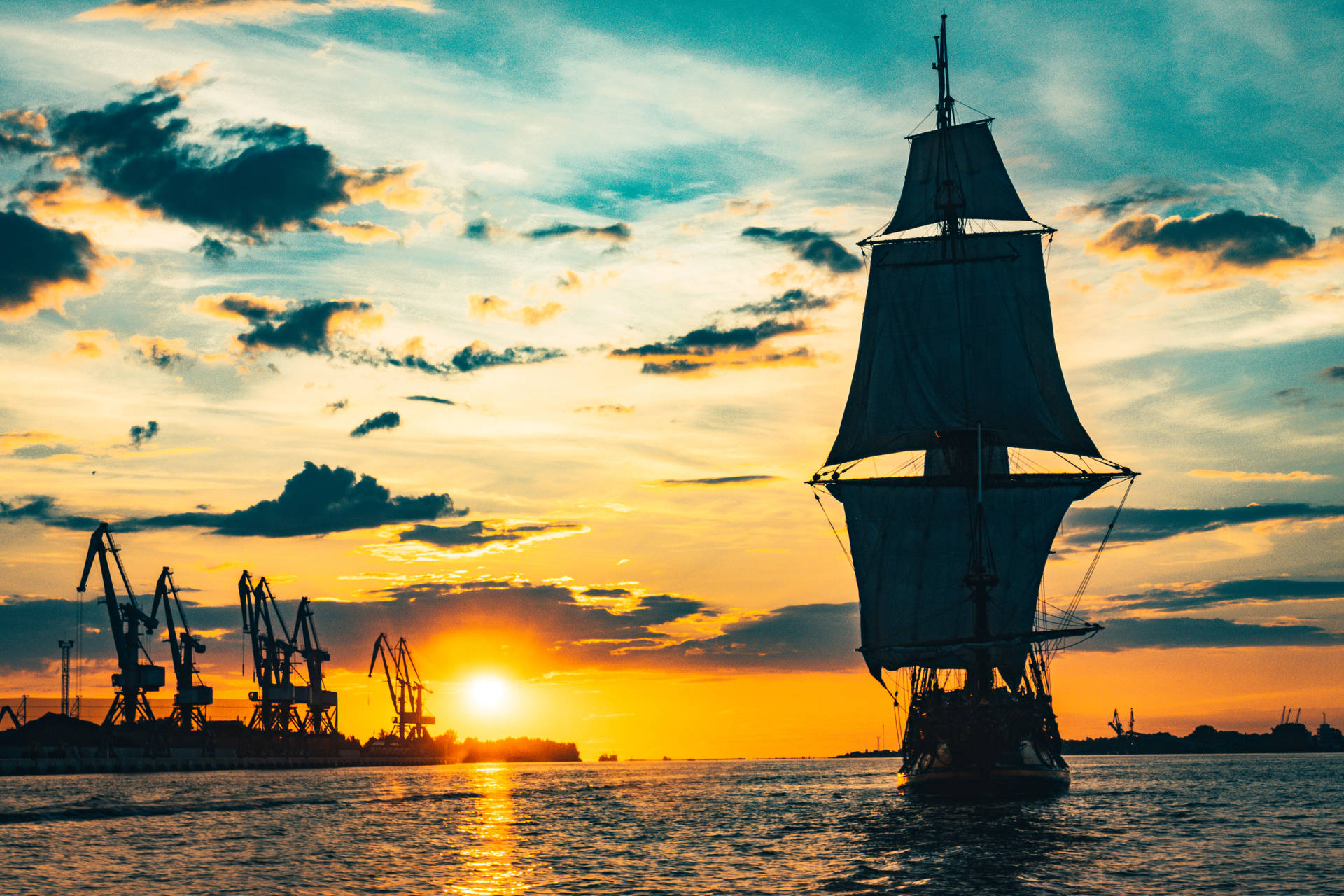 Pirate Ship Sunset Sky Background