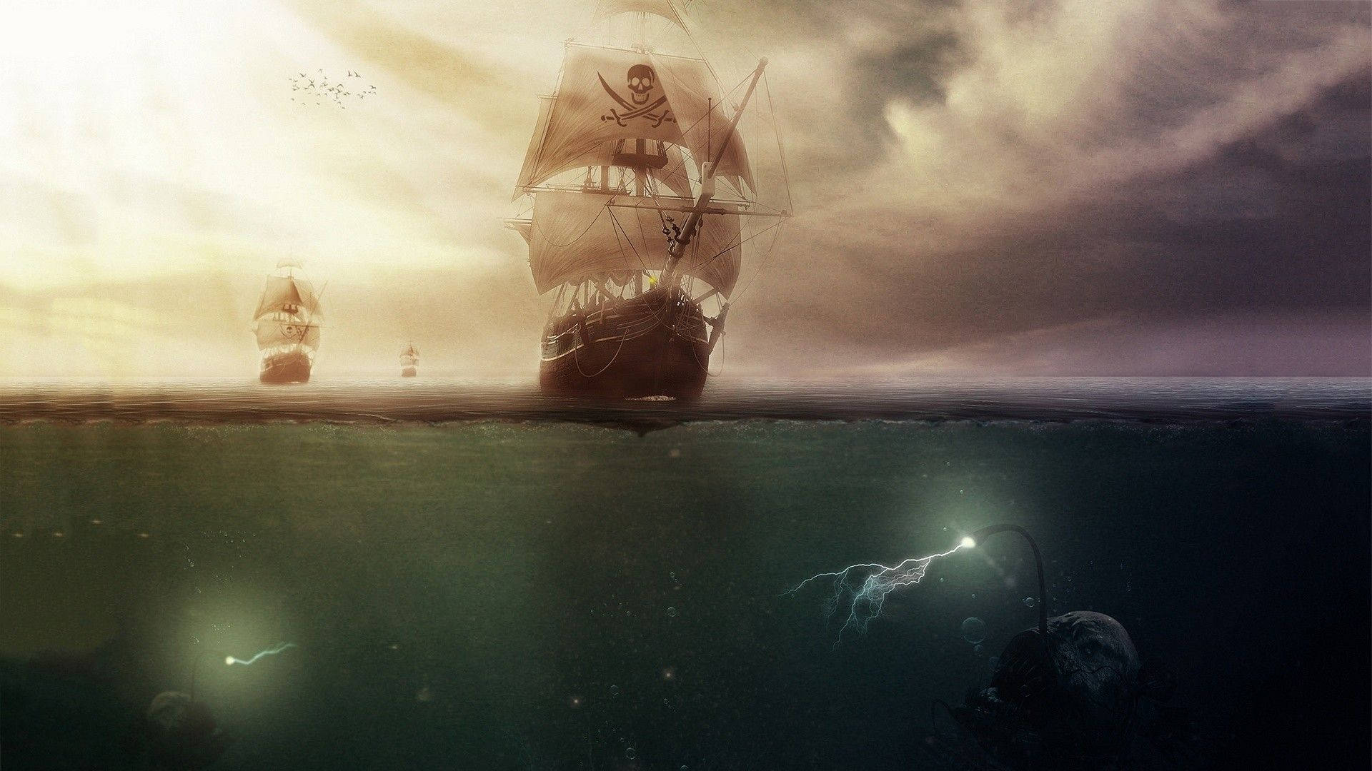 Pirate Ships Above Anglerfish Background
