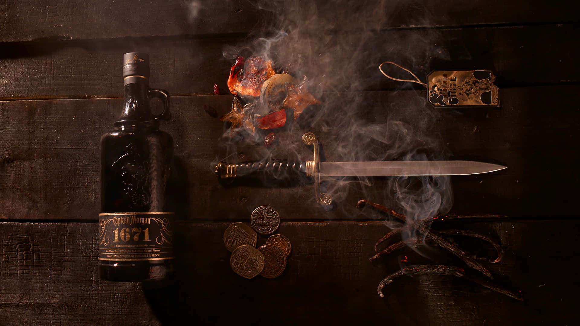 Pirate Themed Still Lifewith Captain Morgan Background