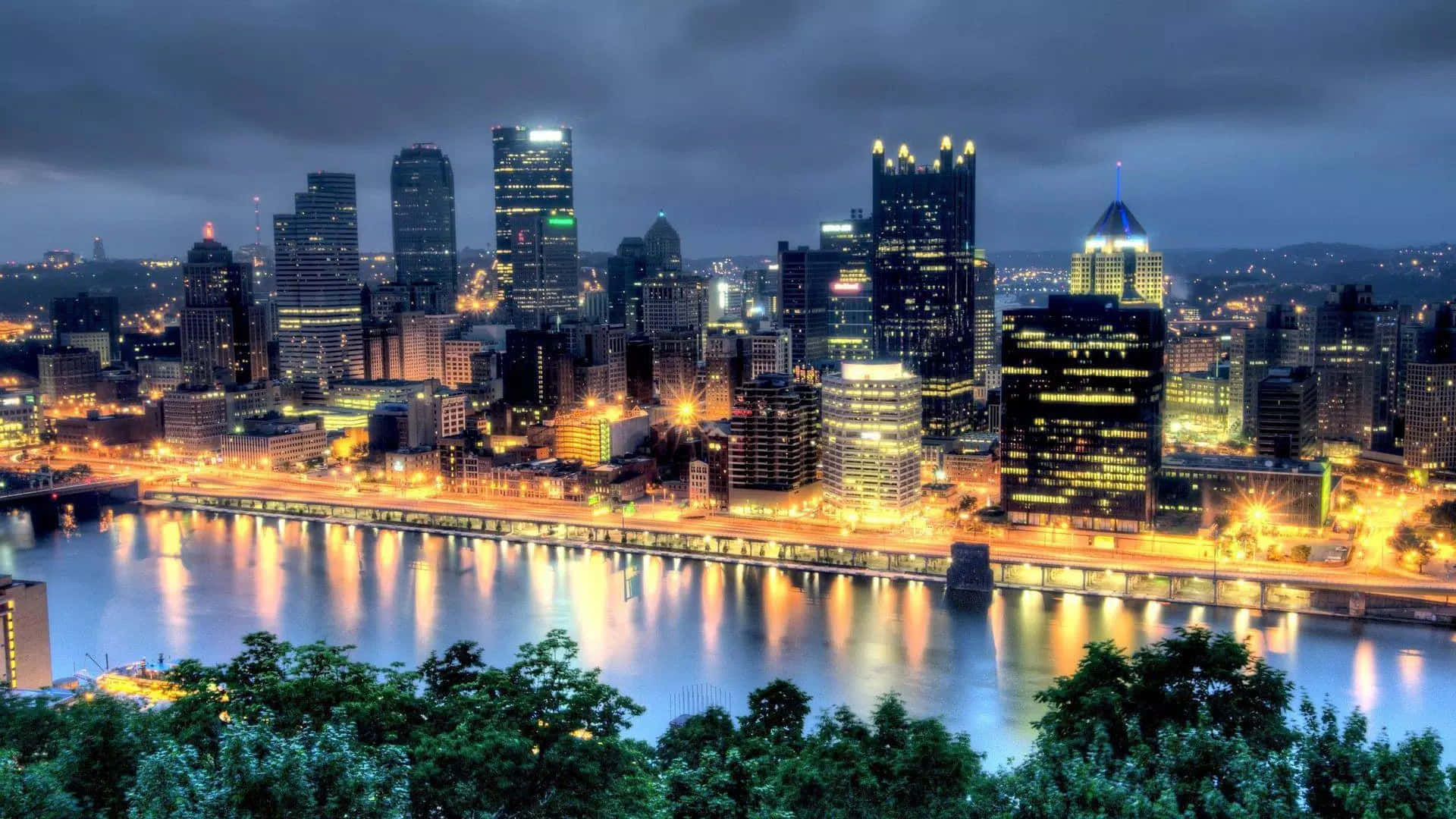 Pittsburgh Skyline Lakefront With Lights Background