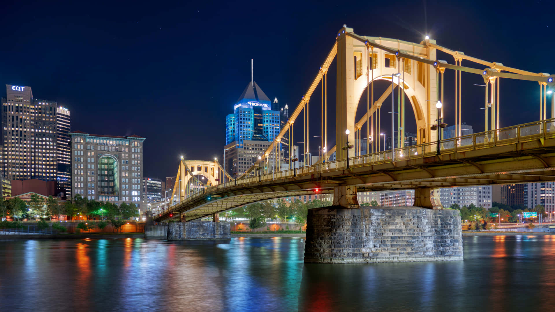 Pittsburgh Skyline Nighttime Roberto Clemente Bridge Background