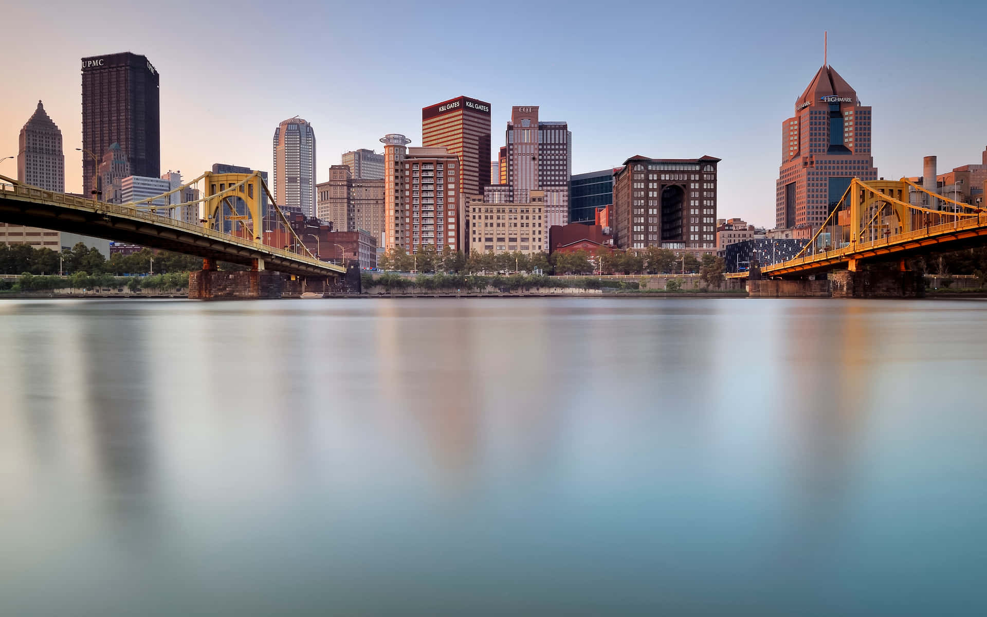 Pittsburgh Skyline Showing Two Bridge Crossings Background