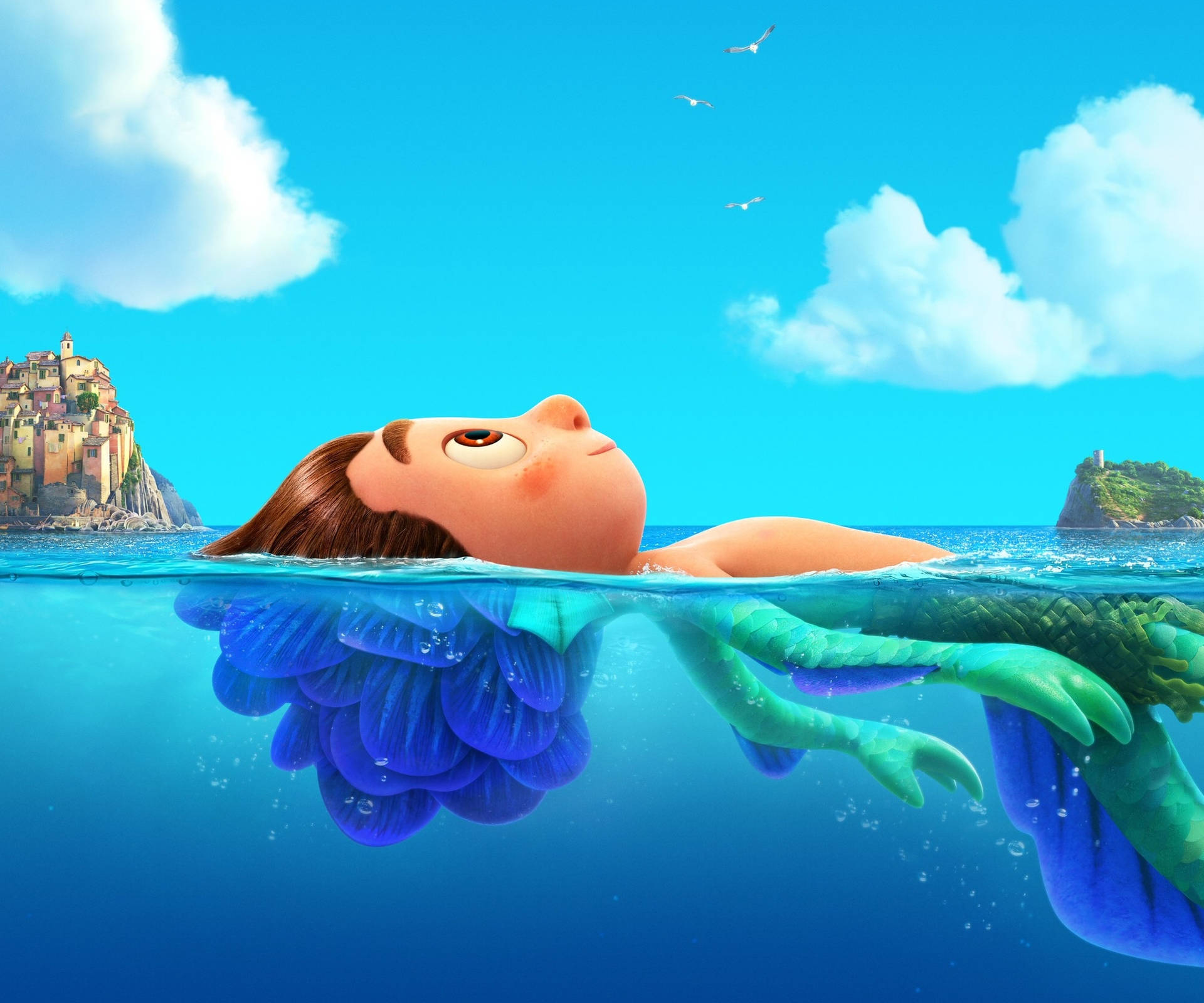 Pixar Luca Floating On Water Background