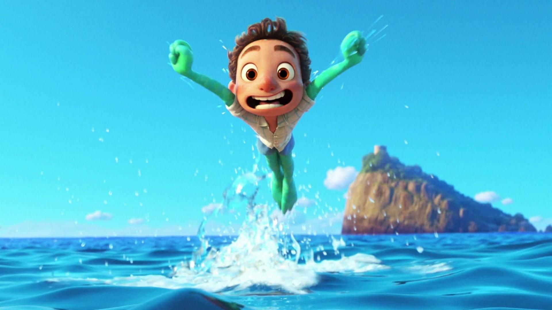 Pixar Luca Leaping On Water Background