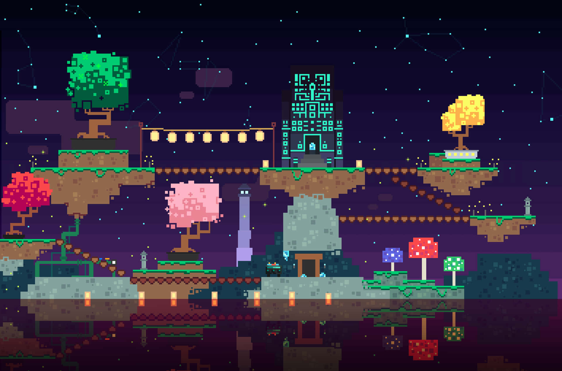 Pixel Art City With Trees And Buildings Background