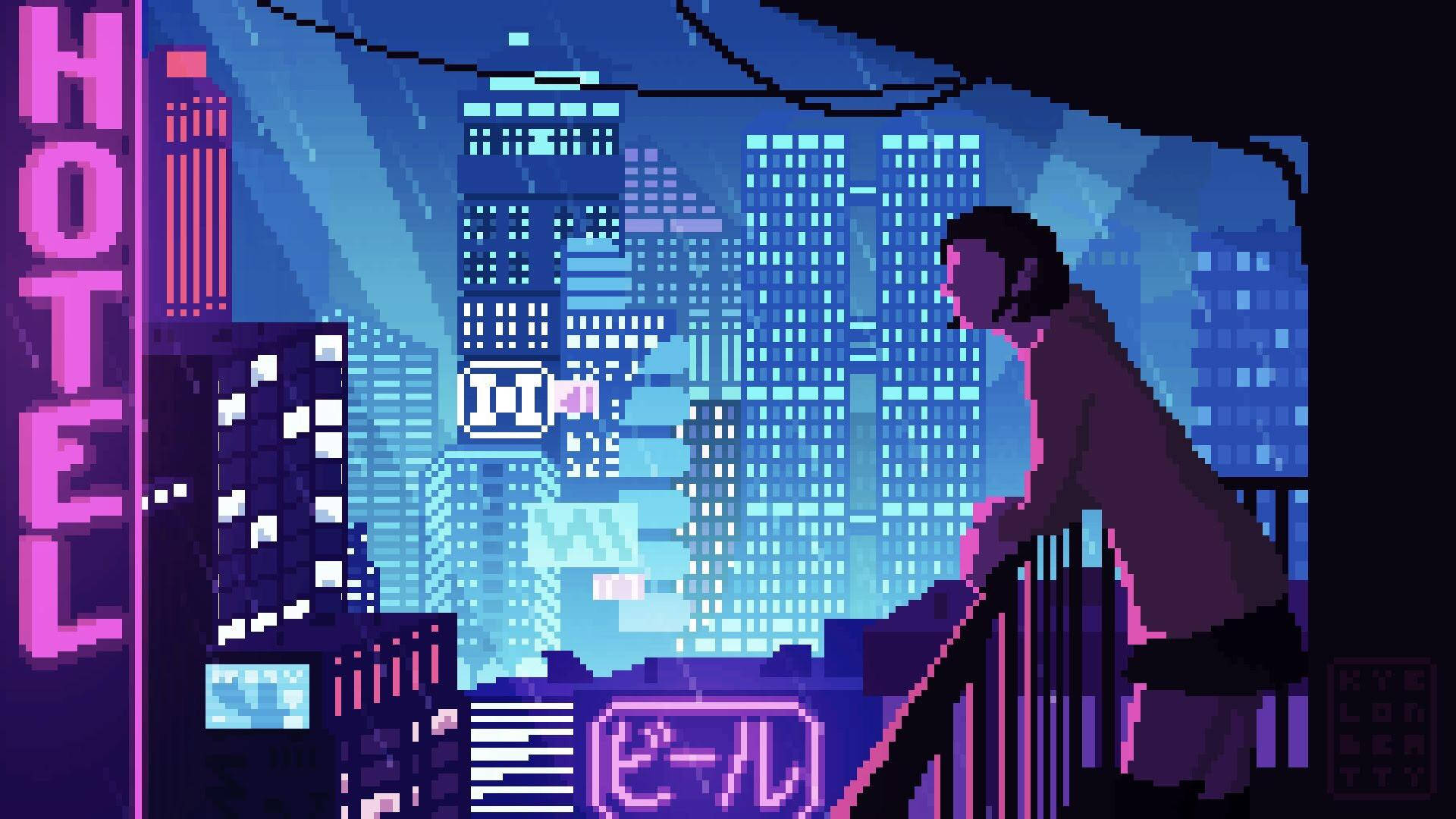Pixel Art Girl Overlooking City Background