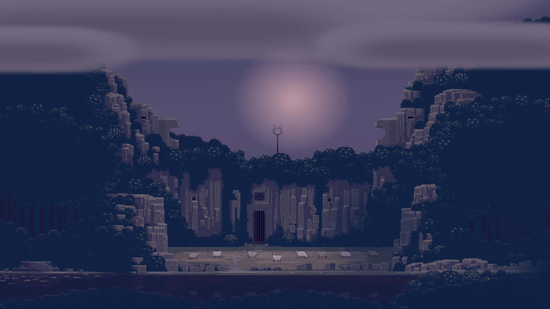 Pixel Art Of A Dark Cave With Trees And A Moon Background