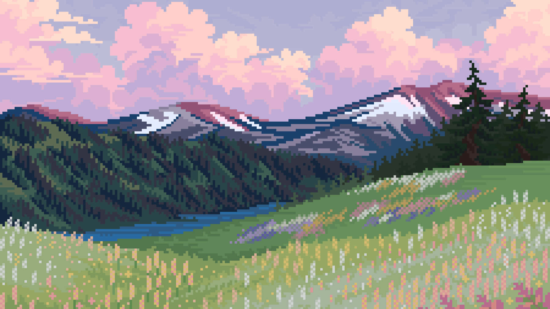 Pixel Art Of A Mountain Landscape With Flowers And Trees Background