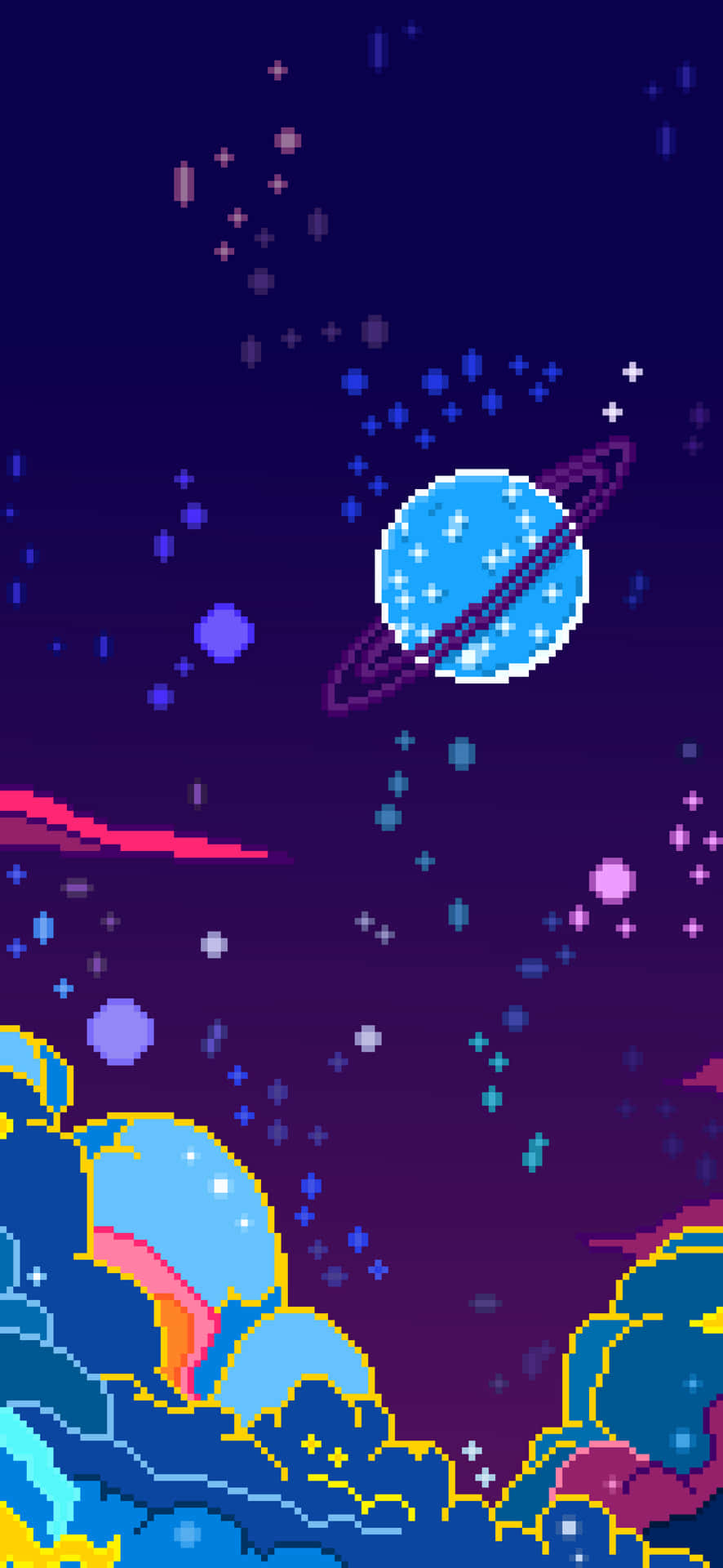 Pixel Art Of A Spaceship And Planets Background